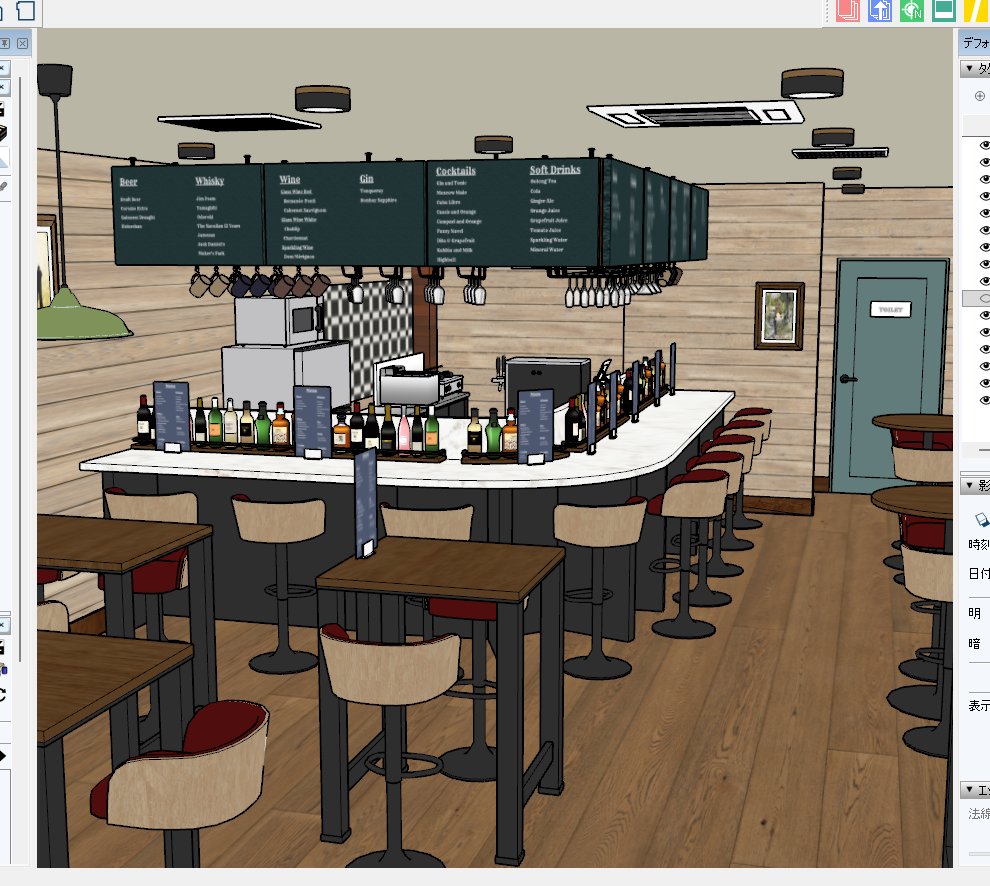 Riverive_x's tweet photo. ようやくBar完成！

1枚目がBlender
2枚目がSketchUp

Blender→SketchUpにインポートすると濃いめの色味になったのでだいぶ調整。
そして椅子のデザインもチェンジ。

#blender
#SketchUp https://t.co/SswGLAVdKe