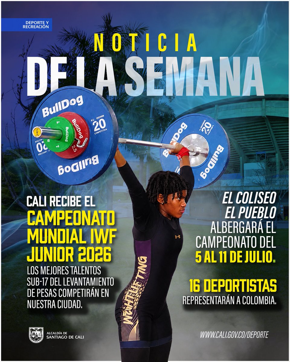 SecDeporteCali's tweet photo. 🏋️‍♀️🏋️ ¡La noticia de la semana llega con un evento de talla mundial! 🌎

💪 Nuestra ciudad recibirá el Campeonato Mundial IWF Junior 2026, una competencia que reunirá a los mejores talentos Sub-17 del levantamiento de pesas de más de 50 países. 

#AsíRecuperamosCali https://t.co/z6DEtfNX15