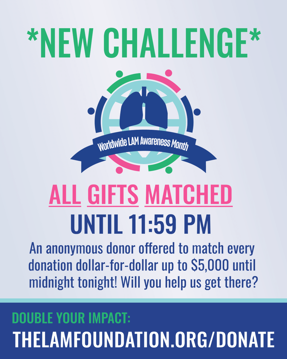 LAMFoundation's tweet photo. Amazing news! An anonymous donor will match all gifts up to $5,000 today only. Double your impact for #LAM awareness! https://t.co/zUBAuNSuIH
#DoubleYourImpact #LAMAwareness #LAMResearch #WLAM2026 #cureLAM https://t.co/xnfH6m88Mi