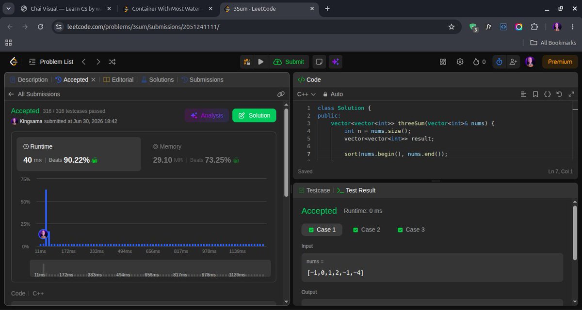 Kingsama_12's tweet photo. #Day2 of  30 day #DepressedAndDSA series

Did 3sum today so feeling a little better
leetcode 15(3Sum) and 11(container with most water) 

@Hiteshdotcom @piyushgarg_dev @nirudhuuu @ChaiCodeHQ https://t.co/Ckm1i5ardH