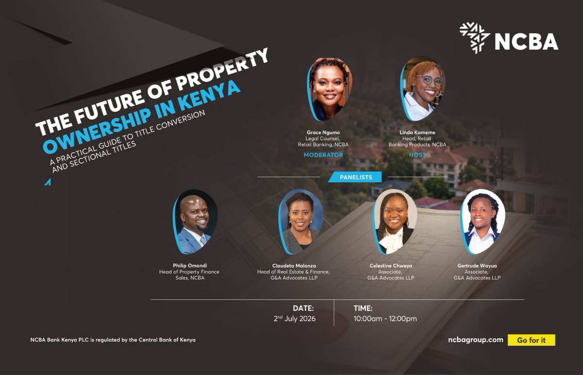 ga_llp's tweet photo. Property ownership in Kenya is being rewritten the shift to sectional titles changes what you actually own. 
This Thursday, 2 July | 10 AM, our Real Estate &amp; Finance team joins @NCBABank's panel to unpack title conversion and asset protection. 

#SectionalTitles #GandAAt20 https://t.co/T5WfEOIBSG