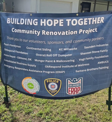 OKCPD's tweet photo. Our Youth Enrichment Services Unit teamed up with OK Respond recently to help a local grandmother and her grandson make their home safe again.  

After learning about their urgent needs our partners at OK Respond rallied volunteers repairing floors &amp; stabilizing the structure. https://t.co/pVjyfi9yjl