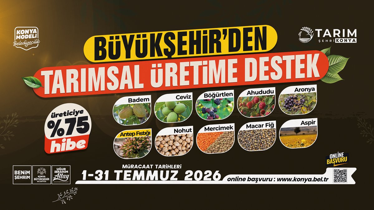 u_ibrahim_altay's tweet photo. Üreticilerimize yönelik 2027 yılı tarımsal destek başvurularımız 1 Temmuz’da başlıyor.

Konya’mızın 31 ilçesinde üreticilerimize yüzde 75 hibe oranıyla fidan ve fide desteği sağlayacağız.

Amacımız; çiftçimizin gelirini artırmak, kırsalda üretimi güçlendirmek ve az su tüketen, katma değeri yüksek ürünleri yaygınlaştırmak.

Bereketli olsun.

👉 Detaylar: https://t.co/PTZNYUGMTk