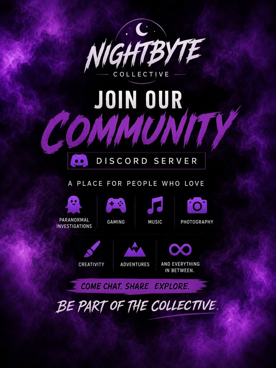 nightbyteau's tweet photo. Join the Nightbyte Collective Discord! 👻

Looking for a community where you can chat about paranormal investigations, gaming, music, creativity, adventures, and everything in between?

🔗 Join here: https://t.co/bnz5L4nRba

#discordserver #paranormal #gaming #photography #music https://t.co/SnAapndNWq