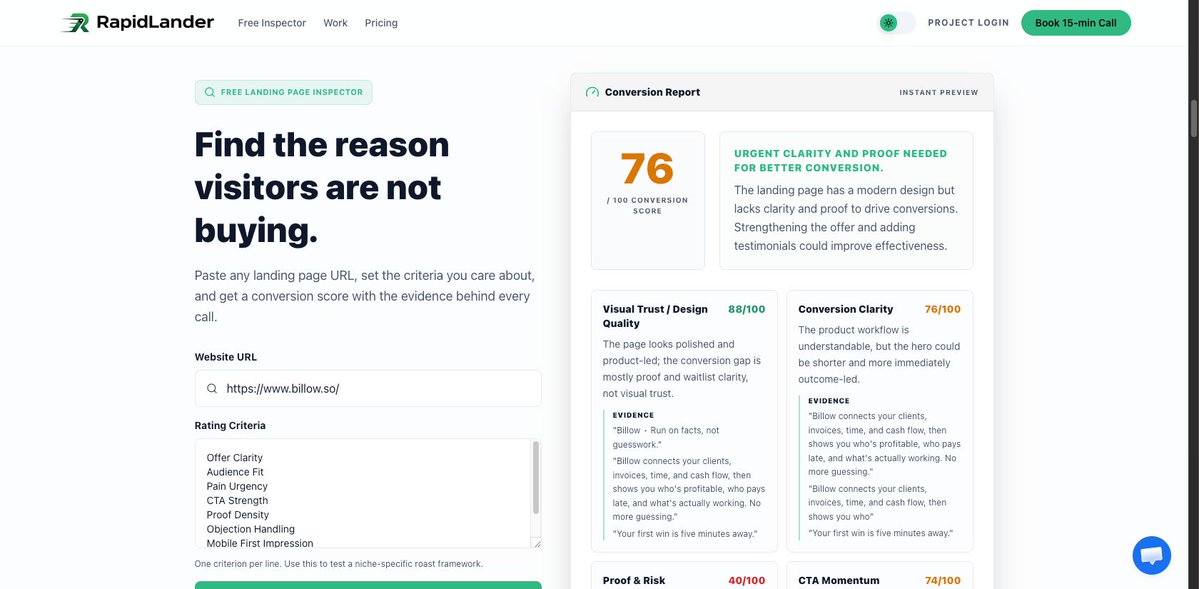 rapidlander_'s tweet photo. Most landing page graders score design.
Ours scores conversion. Different thing entirely.
Ran it on a polished SaaS page today. Visual trust: 88. Proof and risk reduction: 40.
Looks like a 9. Converts like a 4.

Free inspector below 👇 https://t.co/DElhGqs70q