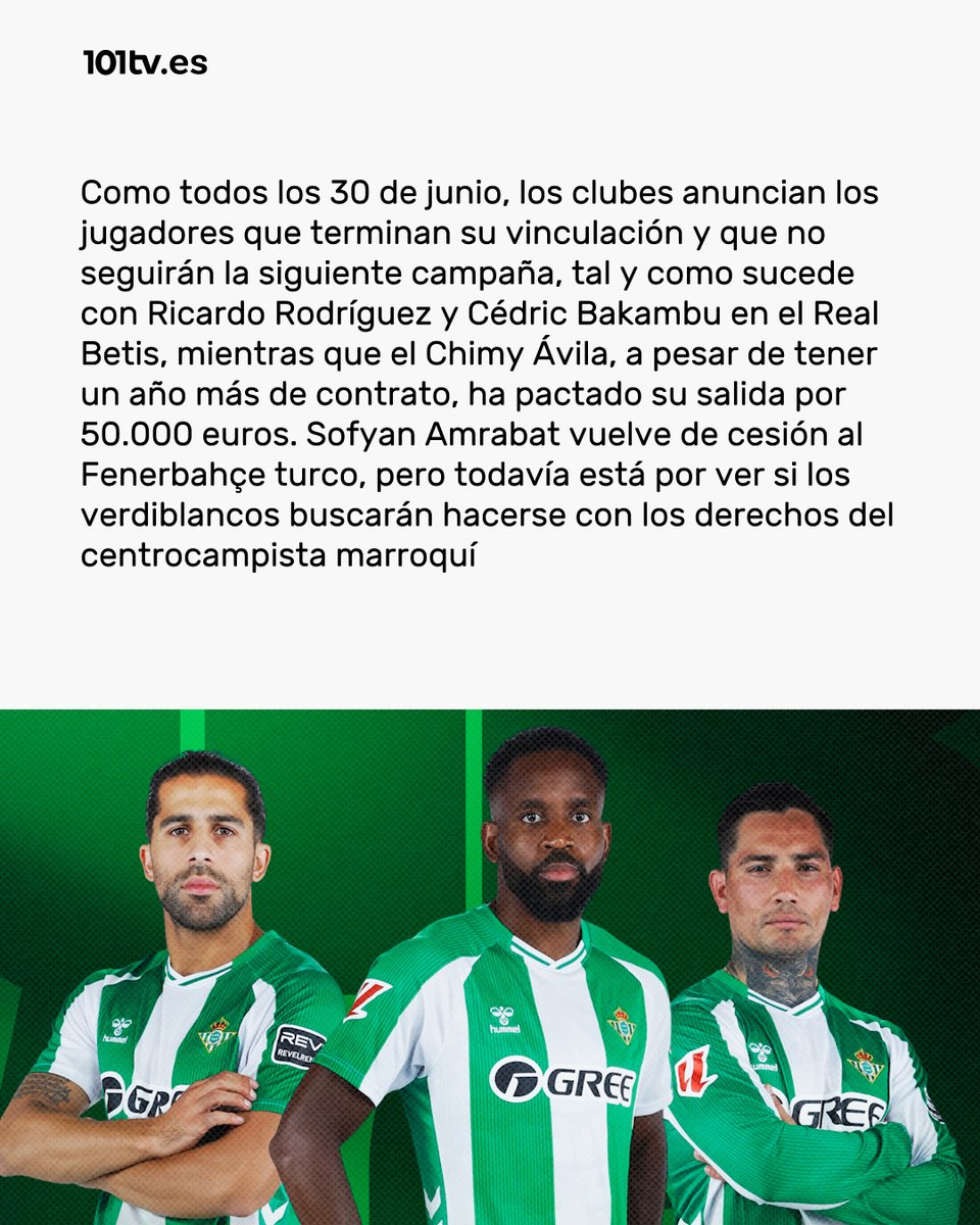 101TVSevilla's tweet photo. 🔴🟢 Los jugadores sevillistas y béticos que no continuarán la próxima temporada.

ℹ️ @JavierSotillo_
📲 Más información en https://t.co/bSKgLQK0Sl 

#RealBetis #SevillaFC #LaLiga https://t.co/iFbu2y62Tm