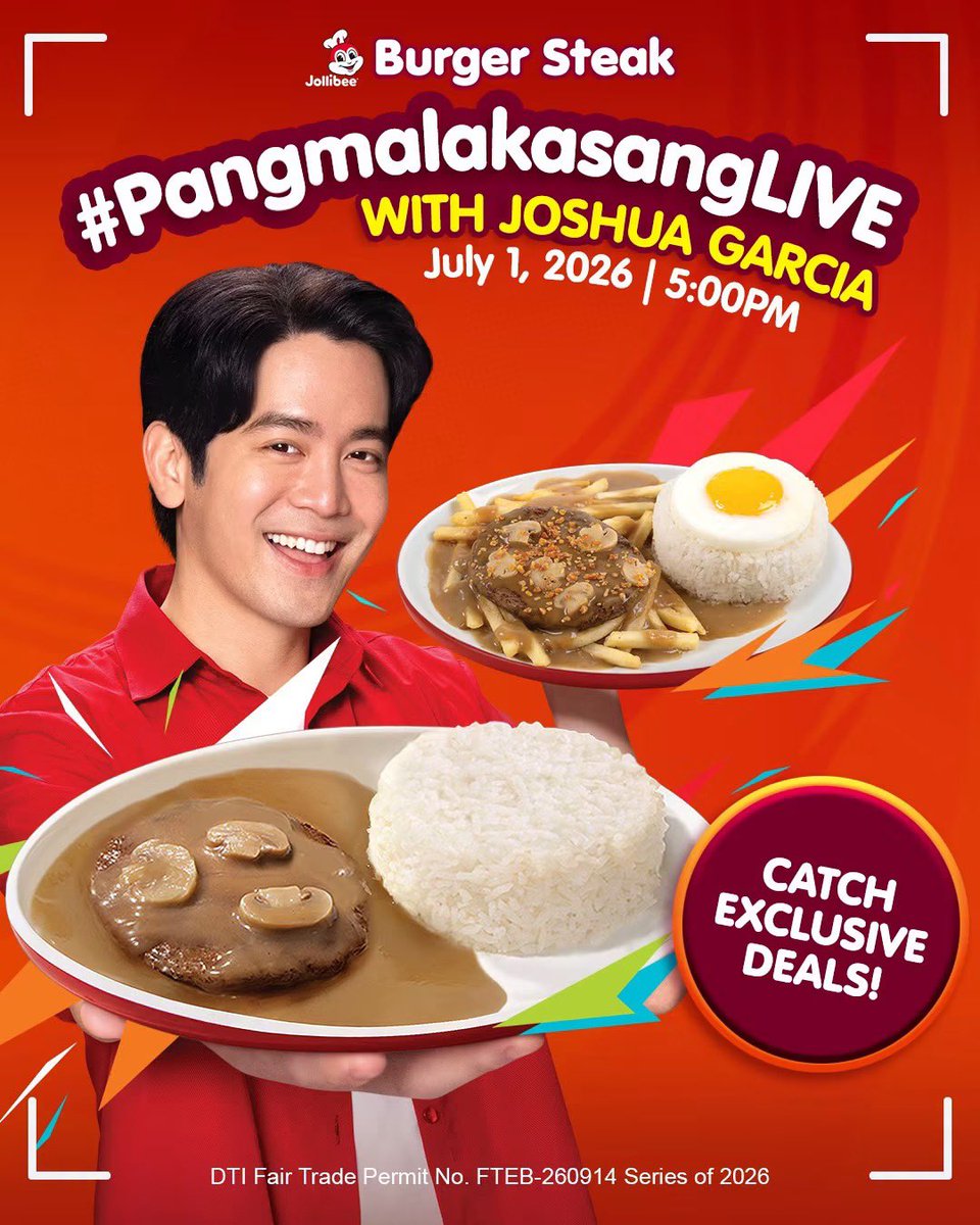 Jollibee's tweet photo. May pa-surprise si Joshua… at mukhang may kinalaman sa paborito niyang Jollibee Burger Steak 👀
 
Tara sa Facebook and TikTok livestream with Joshua Garcia on July 1, 2026, 5PM! Kitakits, #JolliFAM! https://t.co/Uv9stUNOqF