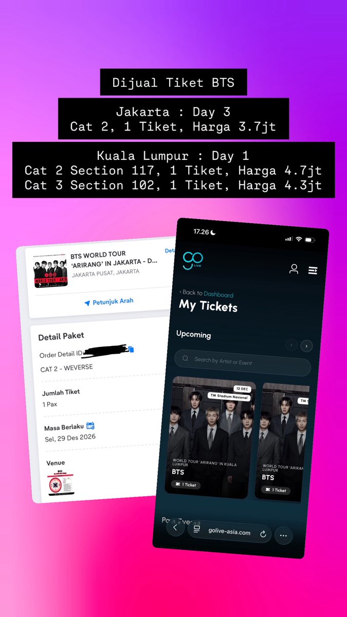JanKristee's tweet photo. Selamat malam. Ijin iklan. Dijual tiket konser BTS Jakarta dan Kuala Lumpur seperti yg disebutkan di gambar. Harga masih bisa nego tipis. Jika ada minat, bisa PM. Terima kasih🙏 https://t.co/AeM8ZGEihz