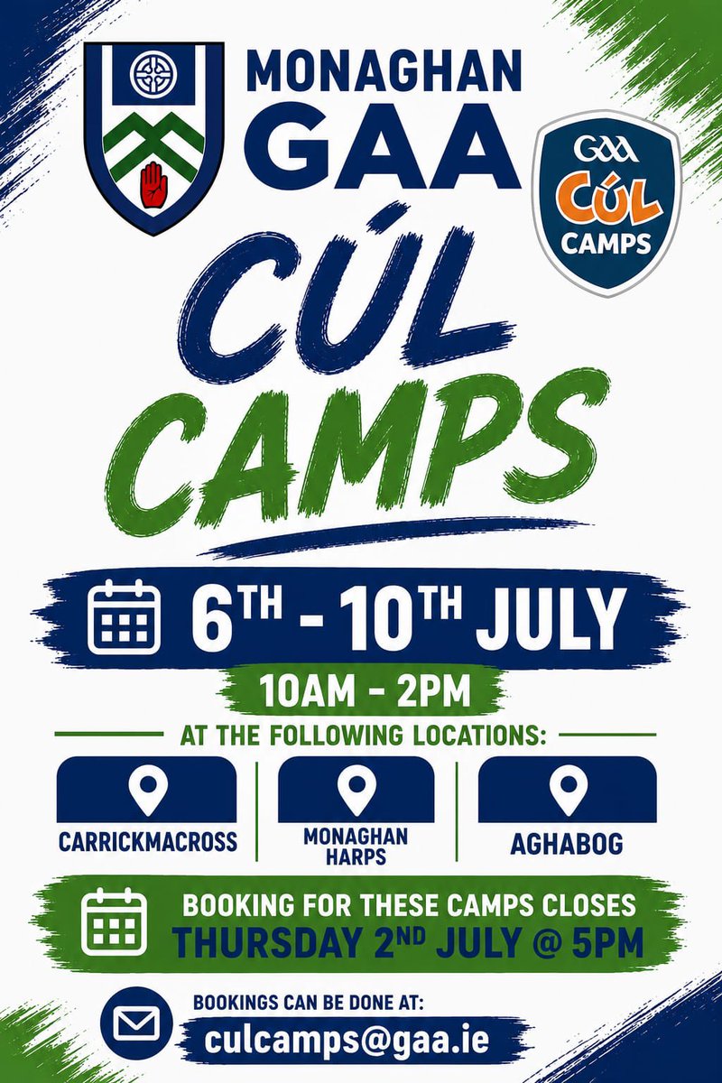 monaghangaa's tweet photo. 🎉 𝟐𝟎𝟐𝟔 @KelloggsUKI @officialgaa 𝐂𝐮́𝐥 𝐂𝐚𝐦𝐩𝐬 𝐚𝐫𝐞 𝐢𝐧 𝐟𝐮𝐥𝐥 𝐬𝐰𝐢𝐧𝐠! 🏐

𝐓𝐡𝐞 𝐚𝐜𝐭𝐢𝐨𝐧 𝐜𝐨𝐧𝐭𝐢𝐧𝐮𝐞𝐬 𝐧𝐞𝐱𝐭 𝐰𝐞𝐞𝐤 𝐢𝐧 @AghabogGFC , @CMXEMMETS 𝐚𝐧𝐝 @MonaghanHarps .

𝐓𝐡𝐞𝐫𝐞 𝐚𝐫𝐞 𝐬𝐭𝐢𝐥𝐥 𝐚 𝐥𝐢𝐦𝐢𝐭𝐞𝐝 𝐧𝐮𝐦𝐛𝐞𝐫 𝐨𝐟 𝐩𝐥𝐚𝐜𝐞𝐬 𝐚𝐯𝐚𝐢𝐥𝐚𝐛𝐥𝐞, 𝐬𝐨 𝐝𝐨𝐧’𝐭 𝐦𝐢𝐬𝐬 𝐨𝐮𝐭 𝐨𝐧 𝐚 𝐟𝐚𝐧𝐭𝐚𝐬𝐭𝐢𝐜 𝐰𝐞𝐞𝐤 𝐨𝐟 𝐟𝐮𝐧, 𝐟𝐨𝐨𝐭𝐛𝐚𝐥𝐥 𝐚𝐧𝐝 𝐟𝐫𝐢𝐞𝐧𝐝𝐬.

👉 𝐑𝐞𝐠𝐢𝐬𝐭𝐞𝐫 𝐧𝐨𝐰 𝐚𝐭 culcamps@gaa.ie  𝐛𝐞𝐟𝐨𝐫𝐞 𝐭𝐡𝐢𝐬 𝐓𝐡𝐮𝐫𝐬𝐝𝐚𝐲 @ 𝟓 𝐩𝐦