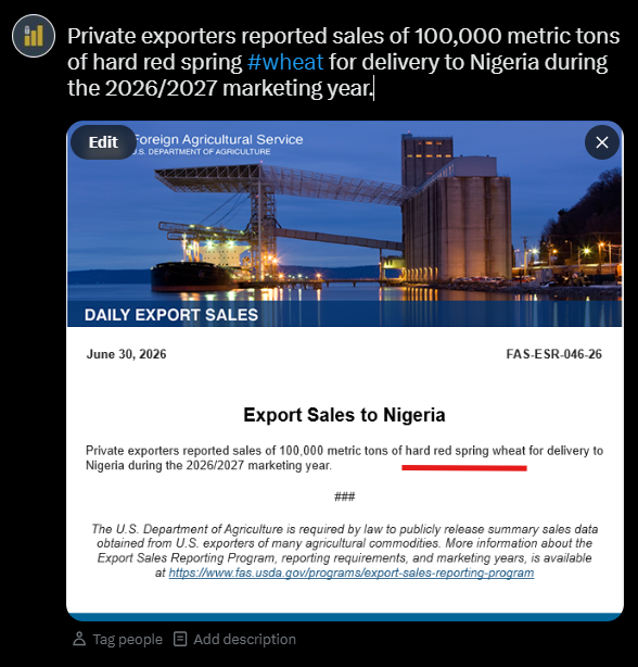 UGCProfitPrtner's tweet photo. Private exporters reported sales of 100,000 metric tons of hard red spring #wheat for delivery to Nigeria during the 2026/2027 marketing year. https://t.co/jgfk6NAwdg