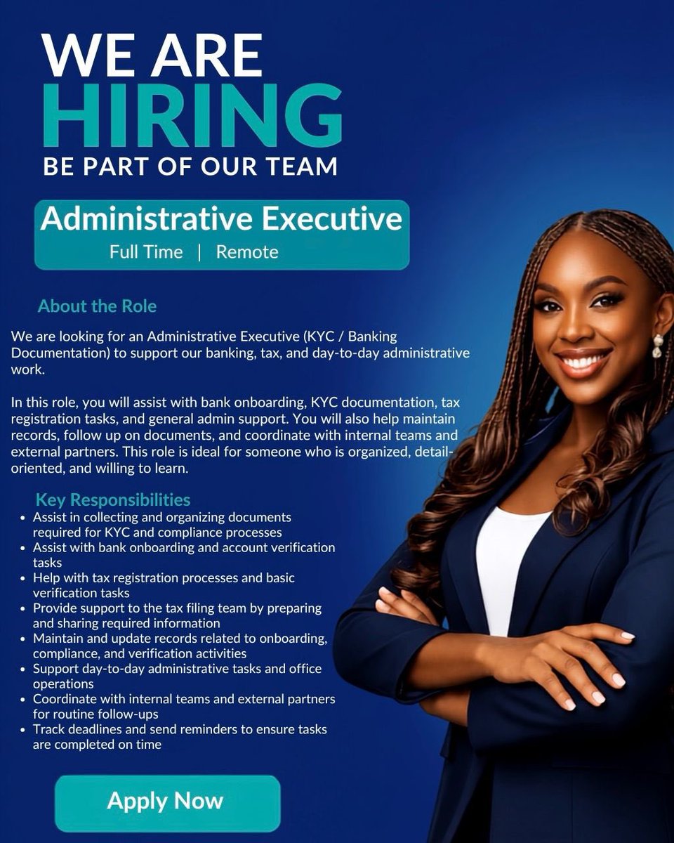 TrybeCityJobs's tweet photo. Hiring: Administrative Executive 

Job Mode: Remote

How to Apply
Click on the link in our bio for application details https://t.co/JiS4qkcvpu