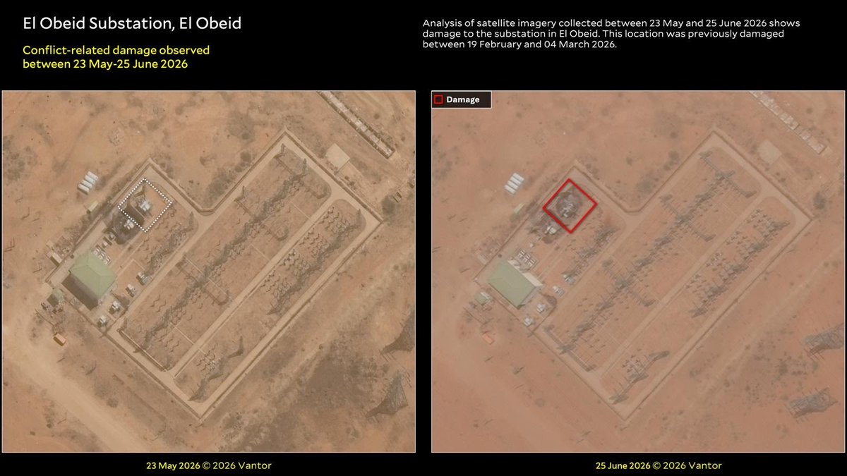 HRL_YaleSPH's tweet photo. 🚨New Report 🚨 @HRL_YaleSPH confirms damage to power stations and gas stations that threaten El Obeid's ability to produce clean water visible in recent satellite imagery. 

700 new IDP tents are visible in a 1-month period in El Obeid's main IDP Camp. 

#KeepEyesOnSudan
🛰️@Vantortech

Report Available at: https://t.co/oNUbIzbjRF