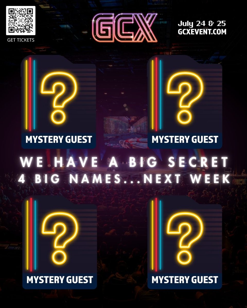 GCXEvent's tweet photo. GCX 2026: Our biggest year yet.
But what if we told you we've been holding back a big secret? 😉
4 big names are now confirmed.
Keep your eyes peeled next week.
...we're just getting started.
Can you guess who it could be?

#GCX2026 #UniversalOrlandoResort #Gaming #Convention #Celebrity