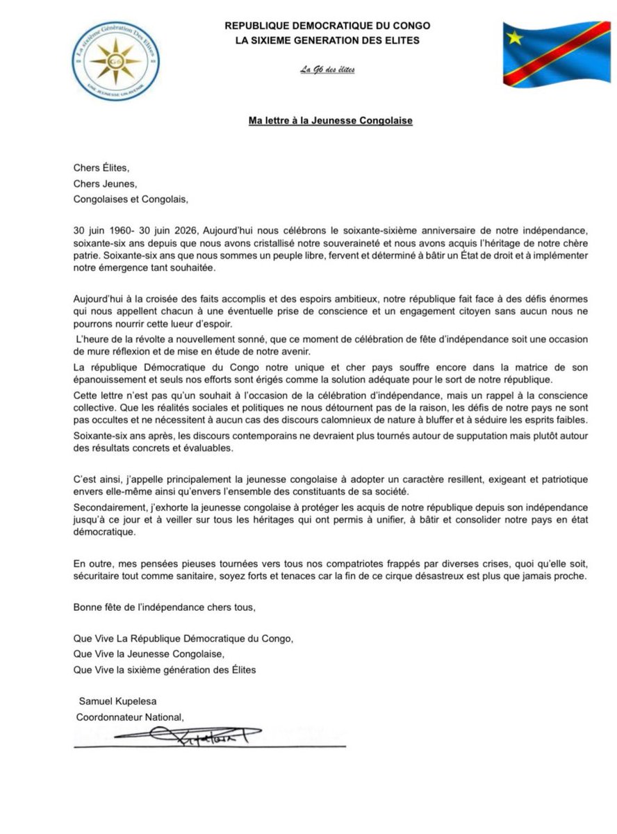 BongoJonathan1's tweet photo. À l’occasion du 66eme anniversaire d’indépendance de notre pays, j’adresse solennellement une lettre à la jeunesse congolaise.
J’exhorte sur la responsabilité de tout un chacun dans ce processus de bâtir notre État, plus que jamais mettons nous face à la réalité.
Bonne Fête d’... https://t.co/GLu0H3EpcX