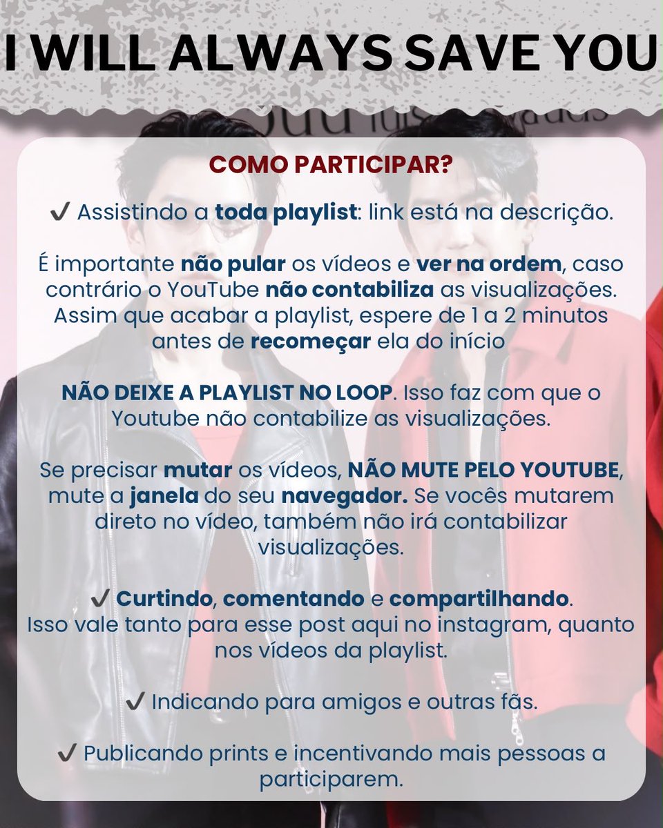 NomnomsBr's tweet photo. 🇧🇷 Português

🚨 Mutirão de Visualizações! 🚨

O foco de hoje é o piloto de I Will Always Save You! ❤️🖤

🔗 https://t.co/mT7iis88Aw

Vamos mostrar toda a força do fandom apoiando com visualizações, curtidas, comentários e compartilhamentos. Cada interação faz a diferença e demonstra o carinho pelo projeto e por todos os artistas envolvidos.

▶️ Assista ao piloto, deixe um comentário e compartilhe com outros fãs!

Juntos somos mais fortes. Vamos alcançar mais essa meta! 💙

🇺🇸 English

🚨 Streaming Party! 🚨

Today's focus is the I Will Always Save You pilot! ❤️🖤

Let's show the strength of our fandom by watching, liking, commenting, and sharing. Every genuine interaction helps support the project and all the artists involved.

▶️ Watch the pilot, leave a comment, and share it with fellow fans!

Together, we can make a difference. Let's reach another milestone! 💙

HOW TO PARTICIPATE?

✔ Watch the entire playlist: the link is in the description.

It is important not to skip any videos and watch them in order. Otherwise, YouTube may not count your views.

Once the playlist ends, wait 1–2 minutes before starting it again from the beginning.

DO NOT leave the playlist on loop. This may prevent YouTube from counting your views.

If you need to mute the videos, DO NOT mute them through YouTube. Instead, mute your browser tab or window. Muting the video directly on YouTube may also prevent your views from being counted.

✔ Like, comment, and share.

This applies both to this Instagram post and to the videos in the playlist.

✔ Invite your friends and other fans to join.

✔ Share screenshots and encourage more people to participate.

#jimmysea #IWillAlwaysSaveYou