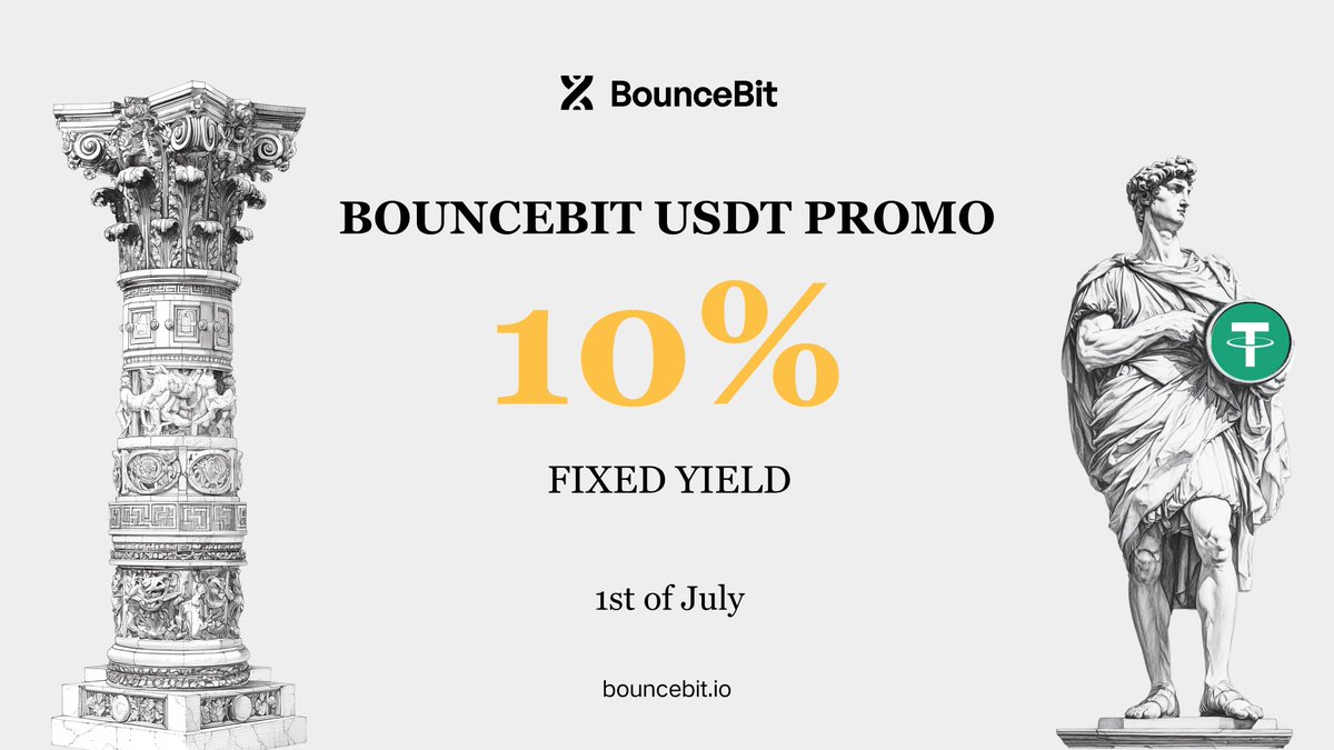 bouncebit's tweet photo. Don't have access to 𝕏 Money yet?

Try fixed stablecoin yield on BounceBit.

Promo starts tomorrow, July 1st 1PM UTC.
• 10% fixed APR
• 2-month term
• $1M USDT cap https://t.co/d70fKyCycO