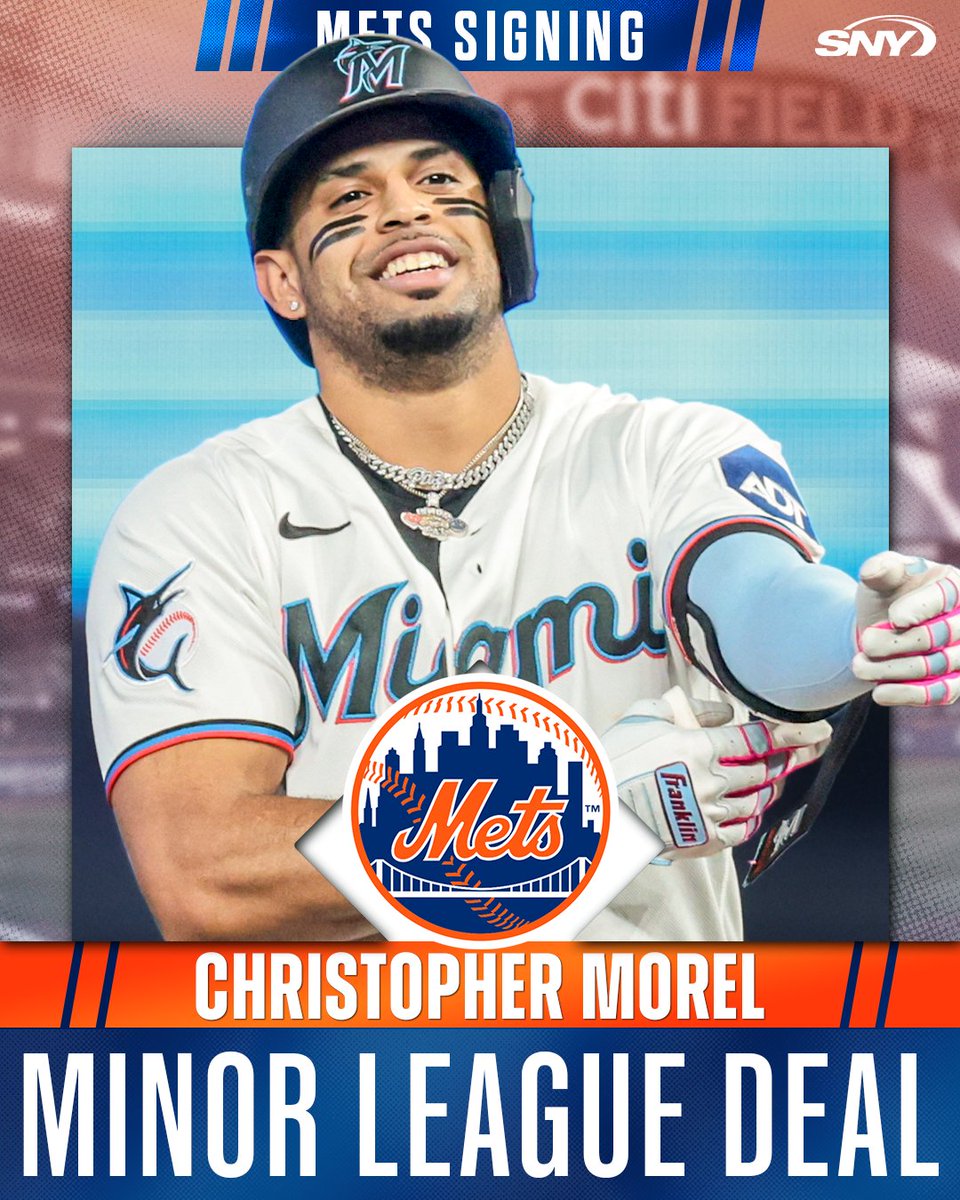 SNY_Mets's tweet photo. The Mets are signing Christopher Morel to a minor league deal, per @WillSammon

Morel had a .425 OPS this year in 22 games with Miami and has a career .702 OPS in five MLB seasons with the Cubs, Rays, and Marlins https://t.co/Y5jZvuV6H3