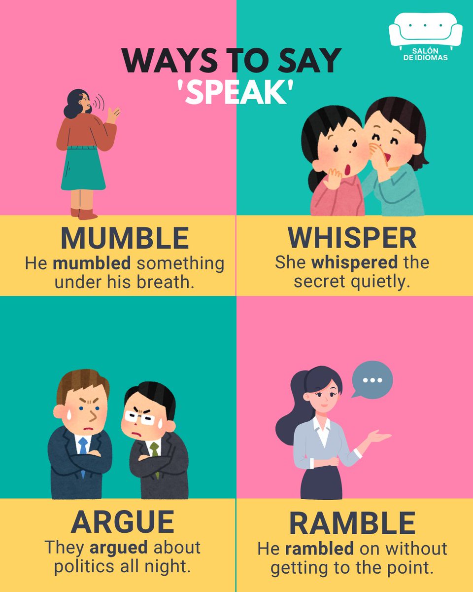 salondeidiomas's tweet photo. ¿Sigues usando speak para todo? 🤔
#AprenderIngles #EnglishVocabulary #VocabularyBuilding #LearnEnglish #EnglishTips #SpeakEnglish #EnglishWords #InglesOnline #EnglishLearner #FluentEnglish #Salondeidiomas #Madrid https://t.co/MnIzcJSRRa
