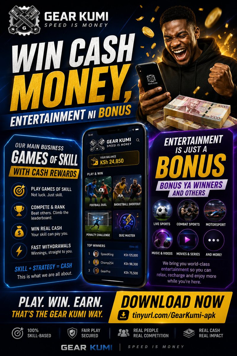 StakeStoreKenya's tweet photo. ๐ฐ WIN CASH MONEY.
๐บ Entertainment ni BONUS! ๐
GearKumi is built for games of skill with real cash rewards. The streaming? That's just bonus ya winners... and everyone else! ๐ฅ
๐ฒ Download: https://t.co/4DDPxWdxas
GEAR KUMI โ Speed Is Money. ๐ฐ๐ช
#GearKumi #SkillPays #WinCash https://t.co/OTCqIFUDPx