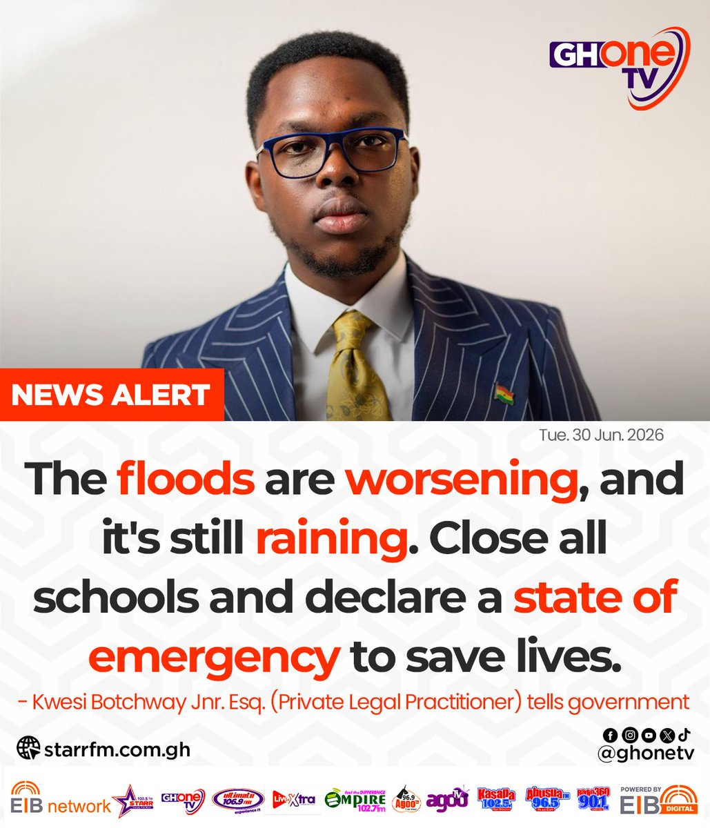 ghonetv's tweet photo. The floods are worsening, and it's still raining. Close all schools and declare a state of emergency to save lives... - Kwesi Botchway Jnr. Esq. (Private Legal Practitioner)

#GHOneNews #EIBNetwork 
#GHOneTV #NewsAlert https://t.co/OduzmEJYH2