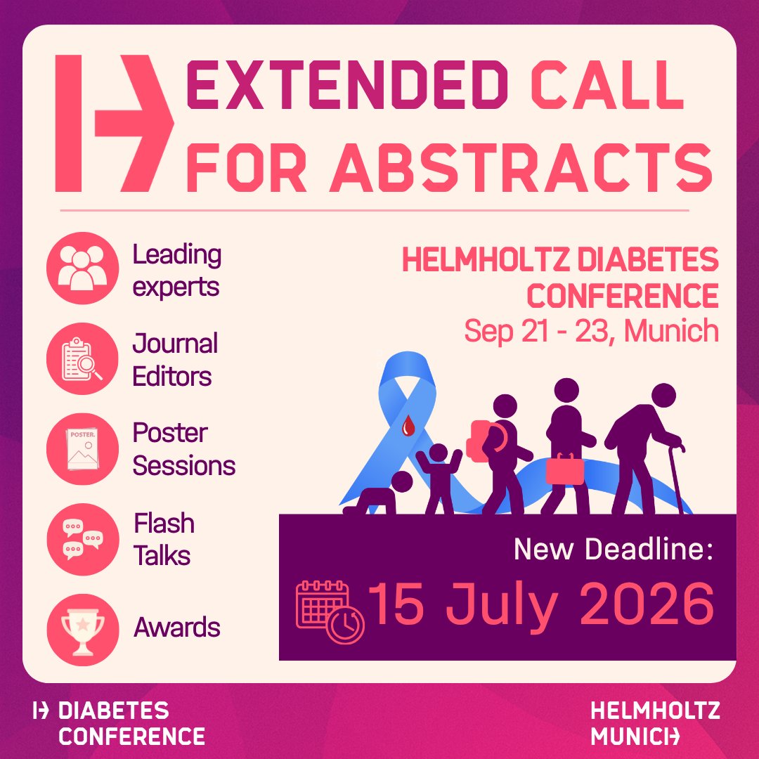 helmholtz_diabc's tweet photo. 📢 New Abstract Submission Deadline!

You now have the chance until 𝟭𝟱 𝗝𝘂𝗹𝘆 to submit your #abstract for the 13th Helmholtz Diabetes Conference - Diabetes Across the Lifespan.

Present your work as a #FlashTalk or #Poster Presentation.

🔗 https://t.co/NItXN8hjkW https://t.co/qXrI55OIq8
