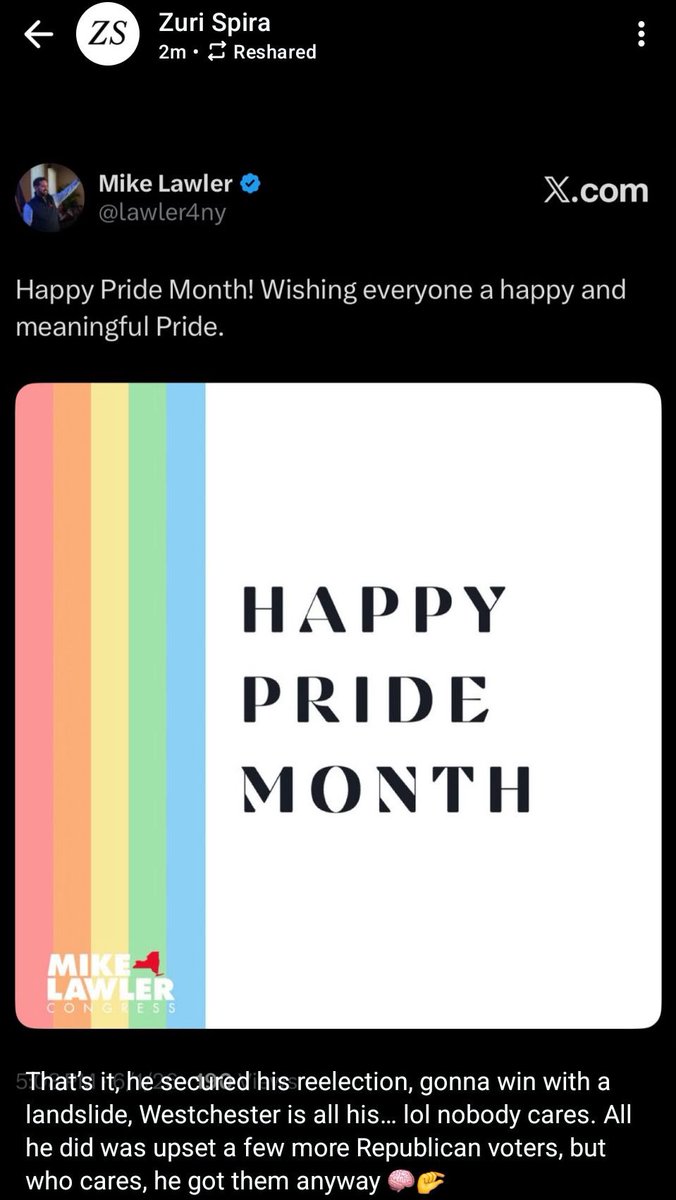 BenNazriGOP's tweet photo. So here’s one of our behind-the-scenes warriors, upset with @lawler4ny for posting Pride Month messages while we tell people that Mike and the entire GOP are against it.

But, as he wrote: “Who cares? He got them anyway.” 🧠🤏 https://t.co/JOgJ8kGLZA