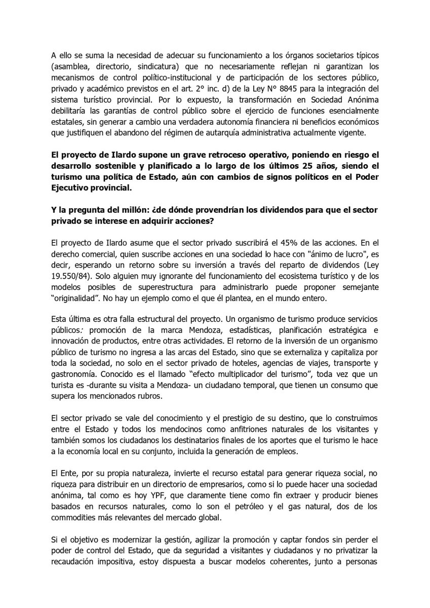 GabrielaVTesta's tweet photo. El diputado @lucasilardo presentó un proyecto (Exp-88149) para transformar el EMETUR en una Sociedad de Economía Mixta (S.E.M.). Al leerlo, da vergüenza ajena: no solo desconoce el ecosistema turístico, sino que ignora el derecho actual.

Te dejo la nota completa, para que veas que se basa en una ley derogada: propone ampararse en el Decreto-Ley 15.349/46, el cual fue derogado por el DNU 70/2023. Un proyecto basado en una norma inexistente, nace muerto. Va al archivo, tiempo perdido de legisladores y "asesores".

Suma un absurdo financiero: asume que el sector privado comprará acciones esperando "dividendos". Un organismo de turismo genera riqueza social y derrame económico (bienes públicos, promoción, efecto multiplicador), no utilidades corporativas para repartir en un Directorio.

El turismo en Mendoza es una política de Estado consolidada en los últimos 25 años.