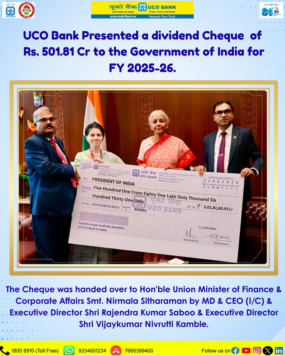 UCOBankOfficial's tweet photo. Hon'ble Union Minister of Finance & Corporate Affairs Smt. Nirmala Sitharaman was presented with a dividend Cheque of ₹501.81 Crore for FY 2025–26 by UCO Bank MD & CEO (I/C) & Executive Director Shri Rajendra Kumar Saboo along with the Executive Director Shri Vijaykumar Nivrutti Kamble in presence of Ms Shalini Pandit, I.A.S, (Joint Secretary, Banking Operations & Accounts, DFS, MoF, GoI).

@GovtOfIndia_ @FinMinIndia @nsitharamanoffc @DFS_India @UCOBankOfficial @dividend@stakeholders