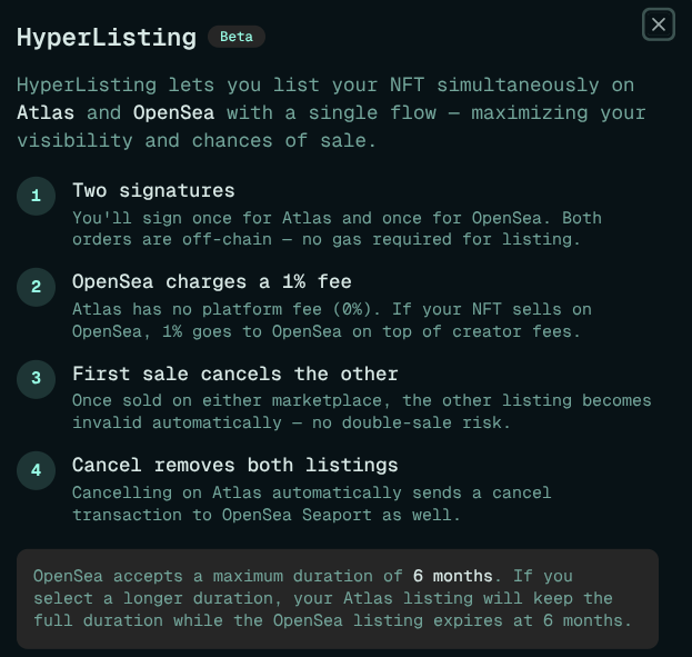 AtlasHL's tweet photo. 🚨 HyperListing is live

List your NFT on AtlasHL + OpenSea at once, off-chain, zero gas to list.

Try it now https://t.co/WRdVBU20WR

#Hyperlisting #NFT

https://t.co/dfaUjqYm5x
