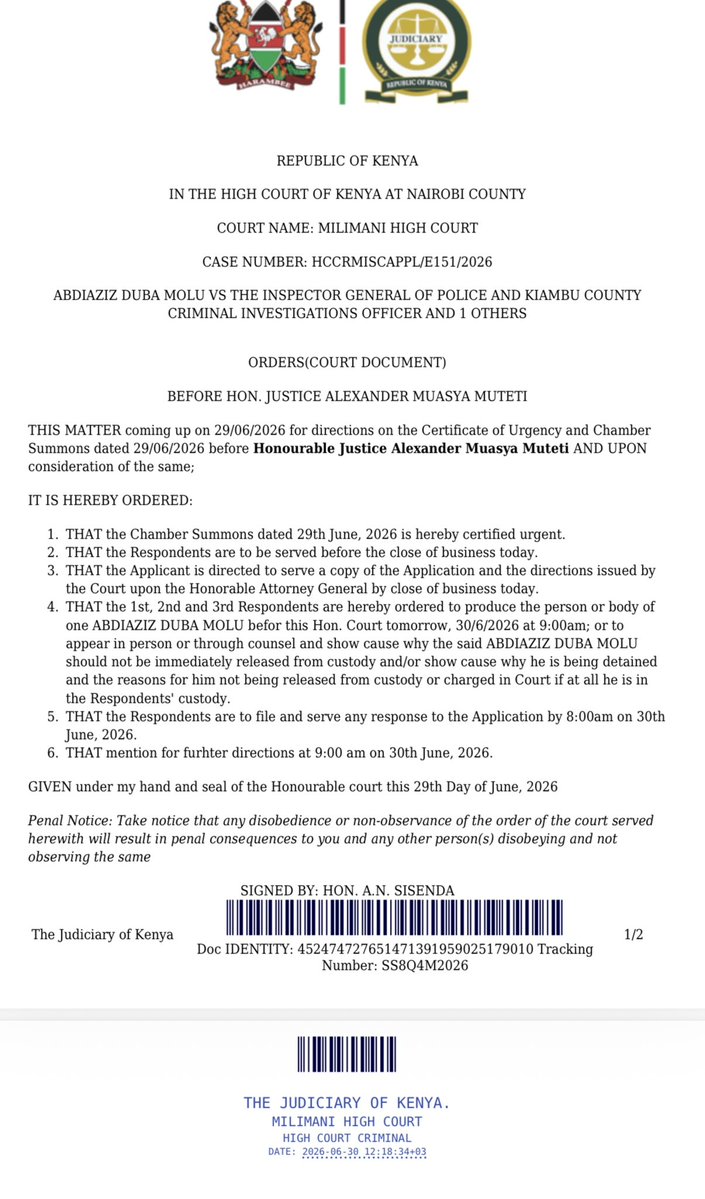 HEBabuOwino's tweet photo. The Court has ordered that ZIZU be produced by the Inspector General of Police whether dead or alive. https://t.co/uavtusqs6E