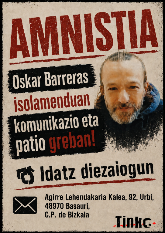 tinkoamnistia's tweet photo. Oskar Barreras euskal preso politikoa maiatzaren 5etik mantentzen dute Basauriko kartzelako isolamenduan zigortuta, ziegan bakarrik egoteko eskubideari heldu diolako.

Horren aurka protesta egiteko komunikazio eta patio grebari ekin zion Oskarrek. (1/2) https://t.co/6BadaZQuCl