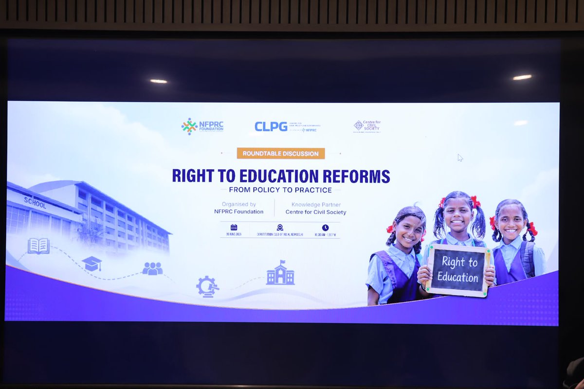 NFPRC_Ind's tweet photo. On 30 June 2026, NFPRC Foundation successfully convened a closed-door roundtable on "Right to Education Reforms: From Policy to Practice," with the Centre for Civil Society (@ccsindia)  serving as the Knowledge Partner.

The roundtable brought together educators, school principals, school management representatives, and representatives of school associations for an in-depth discussion on strengthening India's school education ecosystem, with participation from delegates representing both private and government schools. 

Deliberations highlighted opportunities to streamline the regulatory architecture and enhance efficiency in compliance, rationalise infrastructure norms, encourage collaboration among neighbouring schools to optimise resources, improve the timeliness and effectiveness of reimbursement for Economically Weaker Section (EWS) students, and advance reforms in teacher qualification, recruitment, and deployment.

NFPRC Foundation extends its sincere gratitude to all participants, speakers, and partners for their valuable insights and contributions towards advancing meaningful reforms in India's school education ecosystem.

#EducationReforms #RightToEducation #ViksitBharat2047 #PublicPolicy #NFPRCFoundation