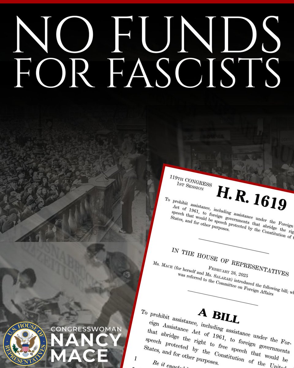 RepNancyMace's tweet photo. American taxpayer dollars will not support foreign governments who suppress free speech protected under our Constitution.

We introduced the No Funds for Fascists Act to put it into law.

Free speech is non-negotiable, and so is holding those who violate it accountable. https://t.co/Z8s8ZW8TaW