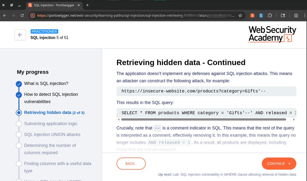 Cypher_484's tweet photo. Started learning SQL injection on @PortSwiggerAcademy today.
First thing that broke my brain a little:
Adding '-- to a URL can comment out the rest of a SQL query.
category=Gifts'--
One vulnerable input. The entire query logic rewritten.
This is just the beginning. 🔍 https://t.co/yqtJmYqKex