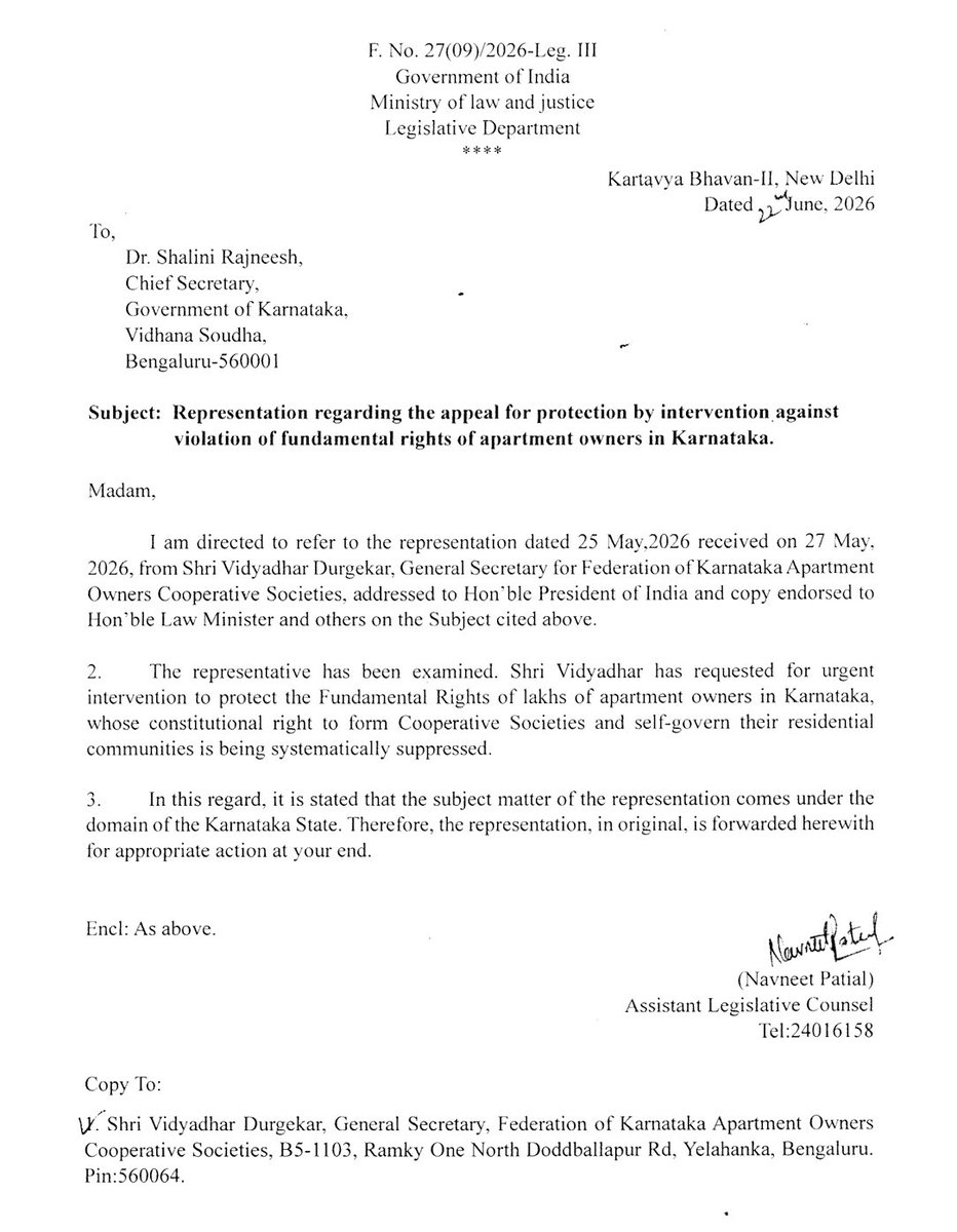 Vidyadharaaa's tweet photo. @PMOIndia
@narendramodi @AmitShah @MLJ_GoI
@mlkhattar 
Thank Min of law&amp;Justice, GOI, for writing letter to GOK urging appropriate action to protect  fundamental rights to form apart coop societies in Karnataka. Hope for swift action uphold fund rights &amp; strengthen coop societies https://t.co/Bt3llDJ03T