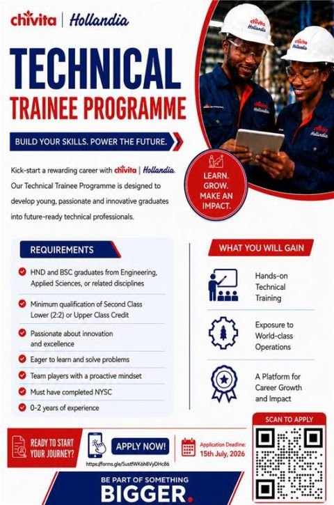 tohire_ng's tweet photo. 2026 CHIVITA/HOLLANDIA TECHNICAL TRAINEE PROGRAMME

Requirements 
●HND/BSc Graduates (minimum of Upper Credit/2:2)
●0-2 years experience 
●Completed NYSC 

Apply 👇 
https://t.co/CKKmbXDjuV https://t.co/NWwydzsxXA