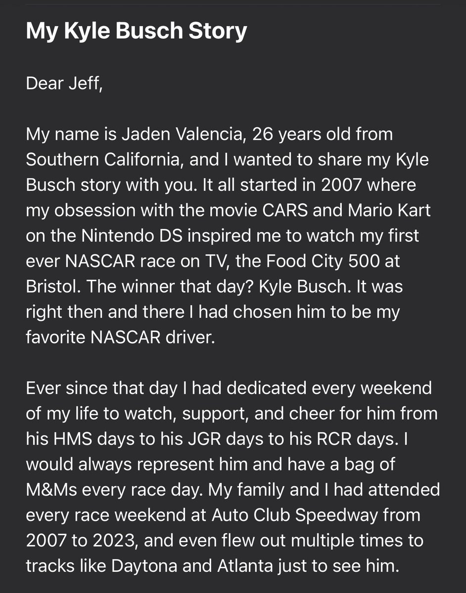 jeff_gluck's tweet photo. Kyle Busch fan email of the day, from Jaden Valencia. (Pics in next post) https://t.co/YqKzvj2kOr