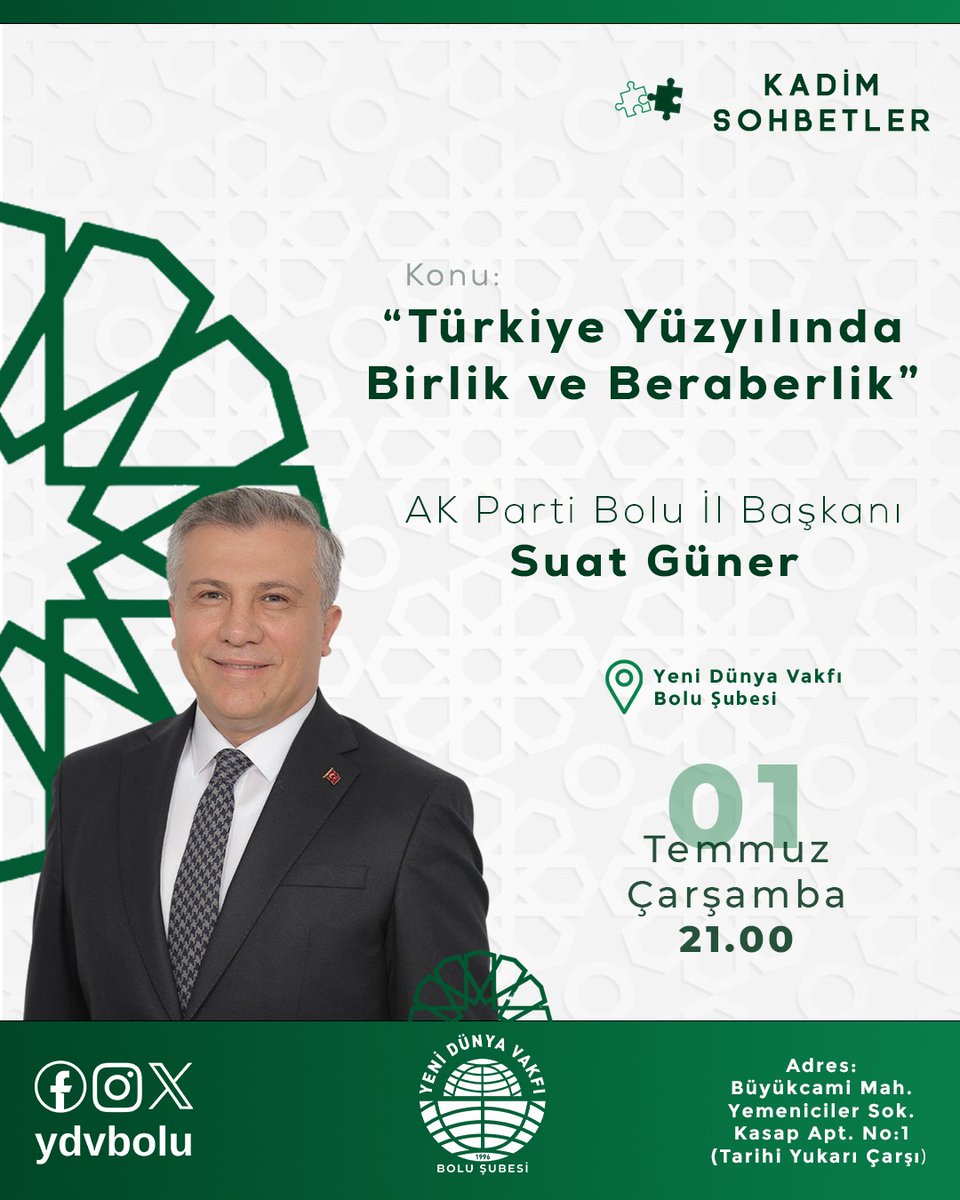 ydvbolu's tweet photo. Yeni Dünya Vakfı Bolu Şubesi olarak düzenlediğimiz "Kadim Sohbetler" programımızda, AK Parti Bolu İl Başkanı Sayın Suat Güner'i ağırlıyoruz. https://t.co/ITN5zHUhje