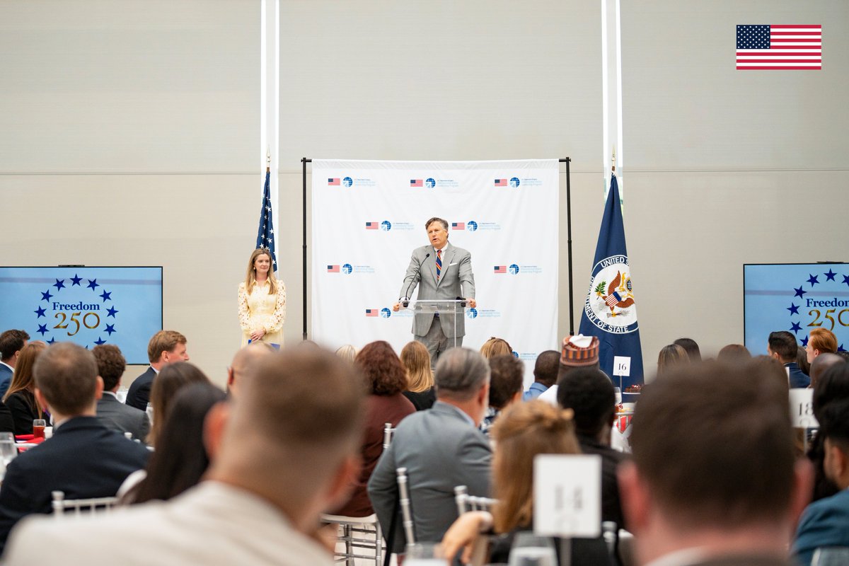 ECA_AS's tweet photo. Last week @DeputySecState Landau and I welcomed nearly 200 international professionals participating in @ECAatState’s IVLP Freedom 250 Initiative to the Donald J. Trump Institute of Peace.  In celebration of 250 years of American independence, they’ll visit 60+ communities across the United States, witnessing the greatness of our country firsthand.