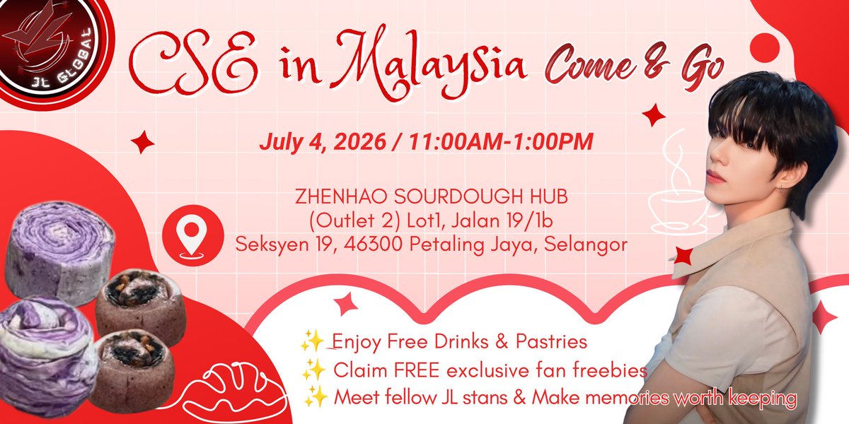 JLGlobalFanbase's tweet photo. CSE in Malaysia! 🇲🇾 

We’re excited to welcome you to Zhenhao Sourdough Hub, conveniently located near the concert venue in Kuala Lumpur, Malaysia!

Stop by to grab some drinks, pastries, and exclusive freebies while waiting for the concert to begin. It’s the perfect place to meet fellow fans, and get concert-ready before the show.

🕚 Time: 11:00 AM – 1:00 PM
📍 Venue: Zhenhao Sourdough Hub

Note: Freebies, drinks, and pastries are available in limited quantities and will be distributed on a first-come, first-served basis.

#AHOF #아홉
#AHOF_JL #제이엘
@AHOF_official