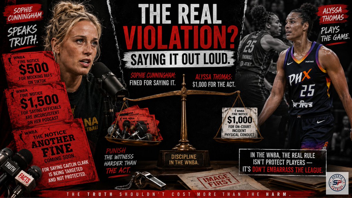 SportsPatriotUS's tweet photo. I’m expecting the Sophie Cunningham fine to drop any minute now.

She was already fined $1,500 for saying the officials were inconsistent on her podcast.

She was fined $500 before that for mocking refs on TikTok.

Now she said Caitlin Clark is being targeted and that the league and officials are doing nothing to protect her.

So I expect the WNBA to come down harder this time.

Why?

Because Sophie did not learn the real rule.

The rule is not “protect players.”

The rule is “do not embarrass the league.”

Alyssa Thomas was fined $1,000 after Caitlin Clark was on the floor, out of the play, defenseless, and took punch to the throat, a knee to the groin area, and then got caught in the middle of more unnecessary physicality.

One thousand dollars.

Now Sophie will get hit harder for saying the league failed to protect Caitlin than another player got for the actual physical conduct.

That is abusive-control logic.

Punish the person who speaks up harder than the person who crossed the line.

Make the witness the problem.

Make the complaint the offense.

Make the truth more expensive than the act.

That is not accountability.

That is a warning shot.

And the warning is clear:

Keep quiet.

Stay in line.

Do not defend Caitlin Clark too loudly.

Do not expose the WNBA regime.

Because in the WNBA, apparently the real violation is not what happens to Caitlin Clark.

It is saying it out loud.