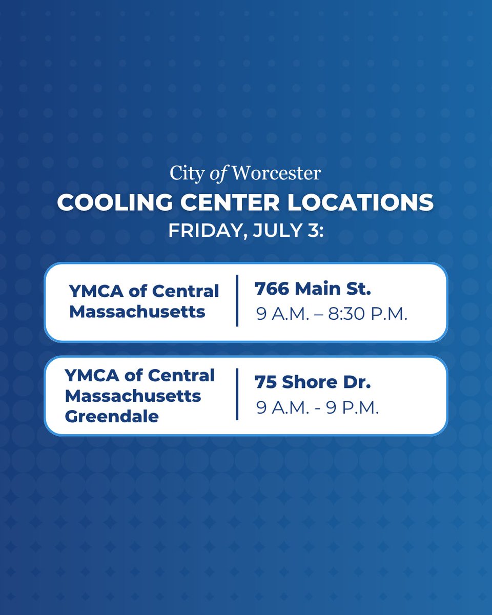 TweetWorcester's tweet photo. Due to forecasted high temperatures Wednesday, July 1, Thursday, July 2, and Friday, July 3, the City of Worcester is activating cooling centers for residents. Trash collection will begin an hour early on Wednesday, Thursday, and Friday at 6:30 a.m. due to the heat. (1/4) https://t.co/2jsm73r3Ye
