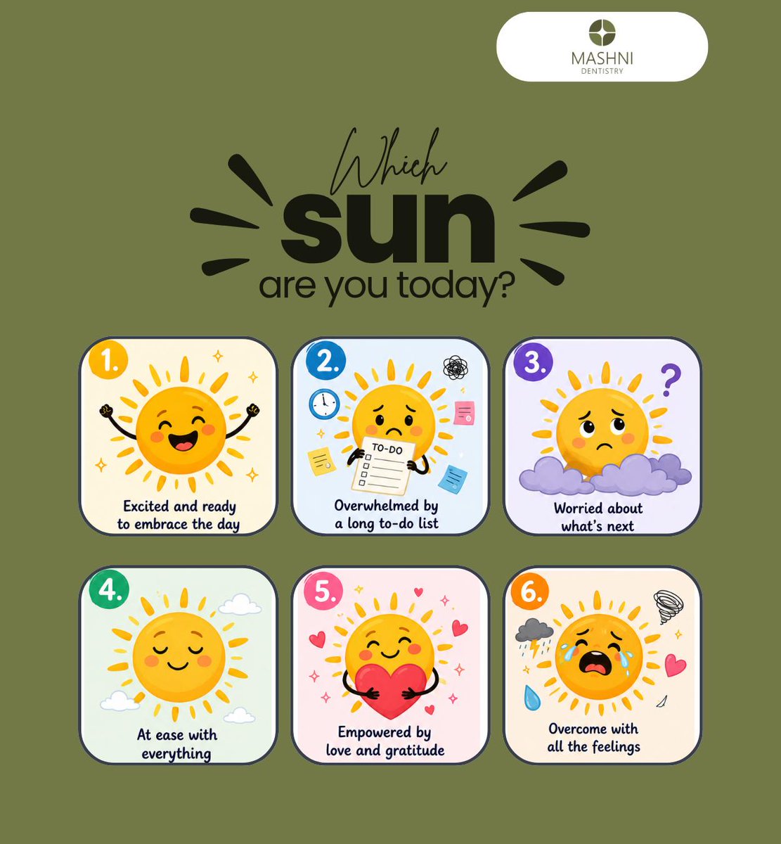 MashniDentistry's tweet photo. Which sun are you feeling like today? Let us know in the comments. Whether you're feeling high or low, always remember to be kind to yourself and take care of your well-being. https://t.co/f0EQFl2EMz
#emotions #feelings #letitout #MashniDentistry #Lansing #EastLansing #MI https://t.co/HgWmrzBXnZ