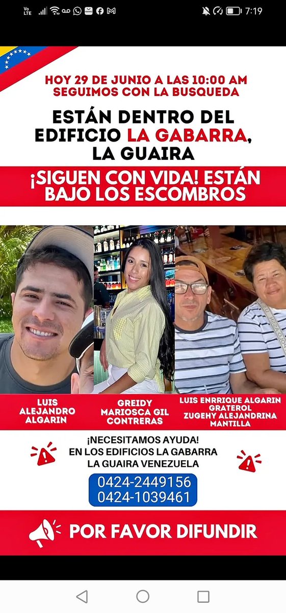 Alexand5537947's tweet photo. @ElGeorgeHarris 🚨URGENTE: ¡ESTÁN VIVOS BAJO LOS ESCOMBROS!🚨
​Mis amigos están atrapados en el Edificio La Gabarra, La Guaira, Venezuela. Siguen con vida y la ayuda oficial es insuficiente. Necesitamos maquinaria y especialistas ya
​Por favor, ayuda a difundir: 
​Ubicación: Edificio La Gabarra https://t.co/CqoMxSYeZX