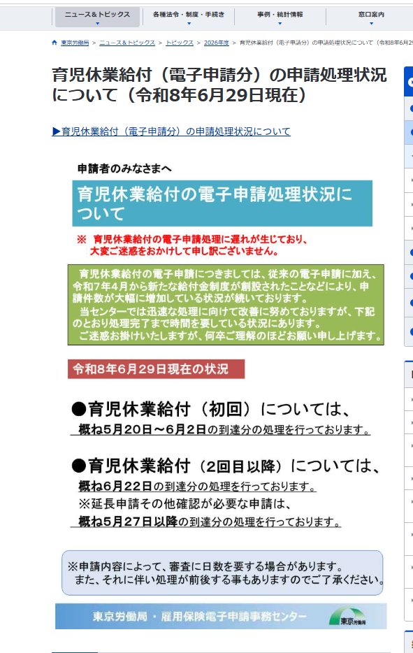 okayokay0214's tweet photo. 現在（20260630）の東京労働局の育児休業給付処理状況です
初回は6月2日到達分んまので約1カ月遅れですね。。振込完了はこれから追加で２週間かかるかと思います
何時までも解消しないのは
#育児休業給付
https://t.co/EMRB75KMWu https://t.co/YE2kMVkHA3