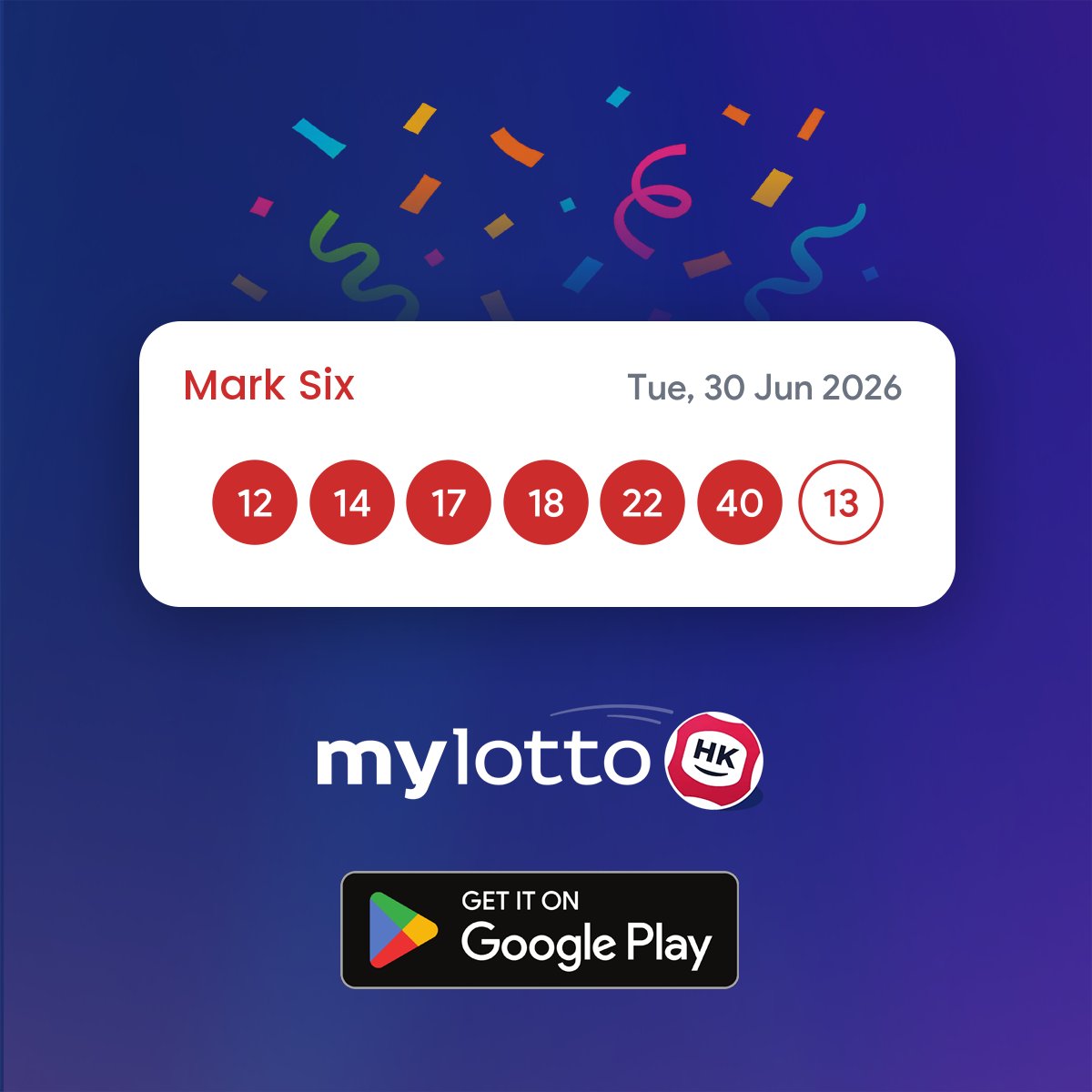 marksixapp's tweet photo. Mark Six results are in! 🤩

📅 Tuesday, 30 Jun 2026
✨ 12, 14, 17, 18, 22, 40 + 13 ✨

💰 Did your numbers come up?

#MarkSix #LotteryResults #MarkSixLottoHK https://t.co/CiJ3u0BbZD