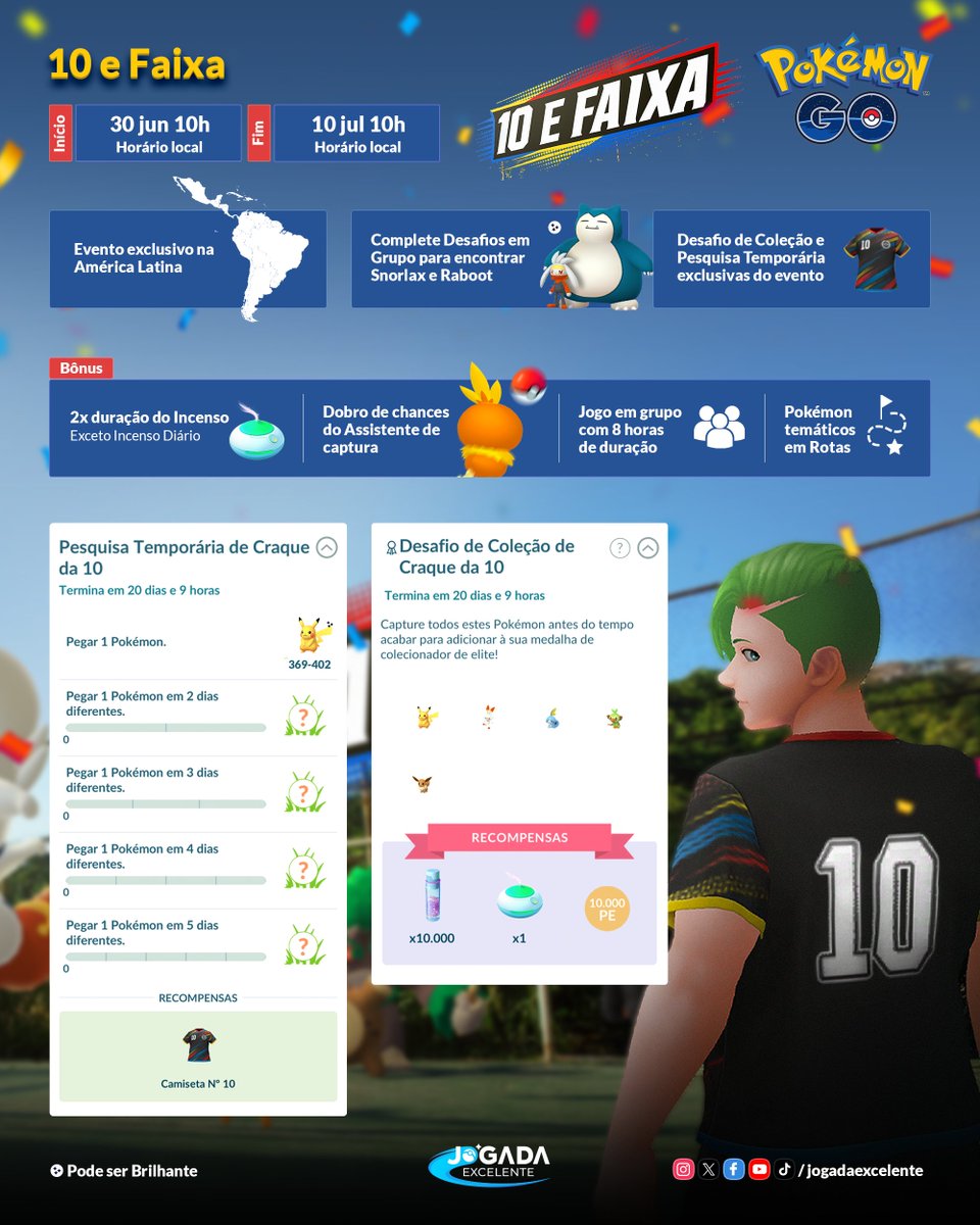 jogadaexcelente's tweet photo. O evento 10 e Faixa chega ao Pokémon GO entre 30 de junho e 10 de julho, exclusivamente para a América Latina! ⚽

Durante o evento, Treinadores poderão aproveitar bônus, completar um Desafio de Coleção e uma Pesquisa Temporária que recompensa um item de avatar do camisa 10. 🔟 https://t.co/M6akf8ZzGh