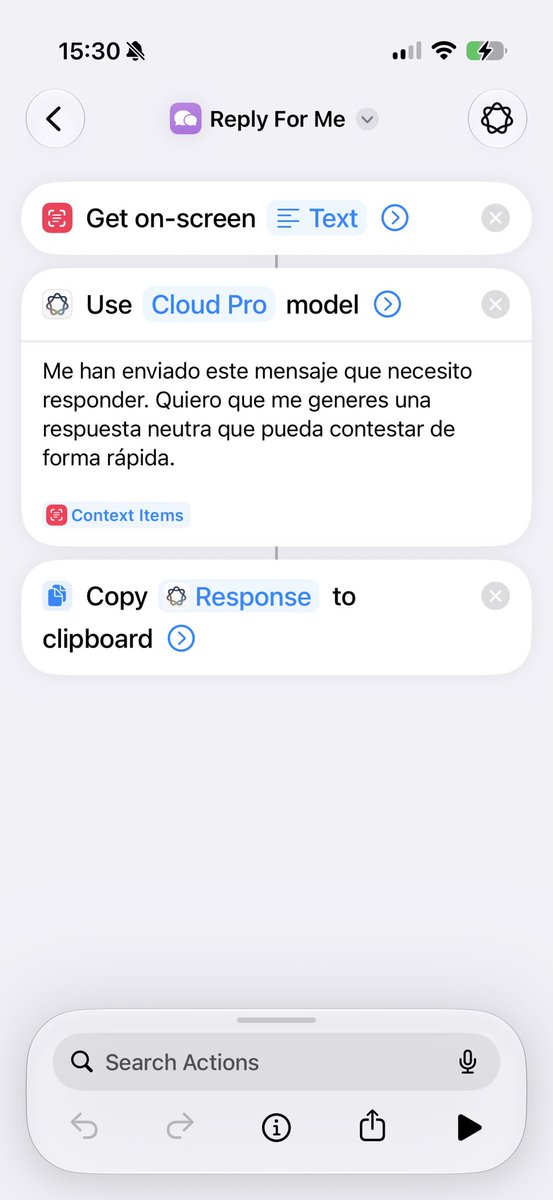 ifrnb's tweet photo. Jamás volveré a responder un mensaje.

Gracias a la nueva opción para saber lo que hay en pantalla, la app de atajos en iOS 27 puede leer textos y generar respuestas con el modelo Cloud Pro de Apple Intelligence.

Luego lo copia en el portapapeles y te lo muestra en el teclado. https://t.co/uYzs9dwmLc