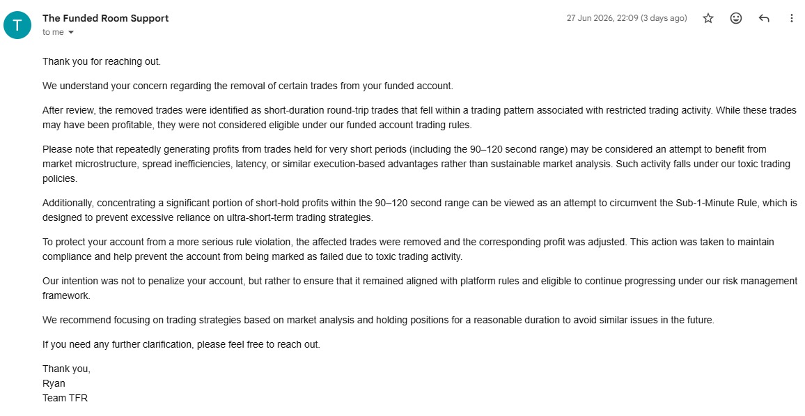 Shiv__14's tweet photo. @thefundedroom My profits were removed from my account before payout, citing a “2-minute.” However, there is nothing mentioned about this rule on your website, dashboard or T&amp;Cs. If a rule affects payouts, it should be clearly disclosed upfront, not hidden to deny Payouts. https://t.co/ustgjH9olp