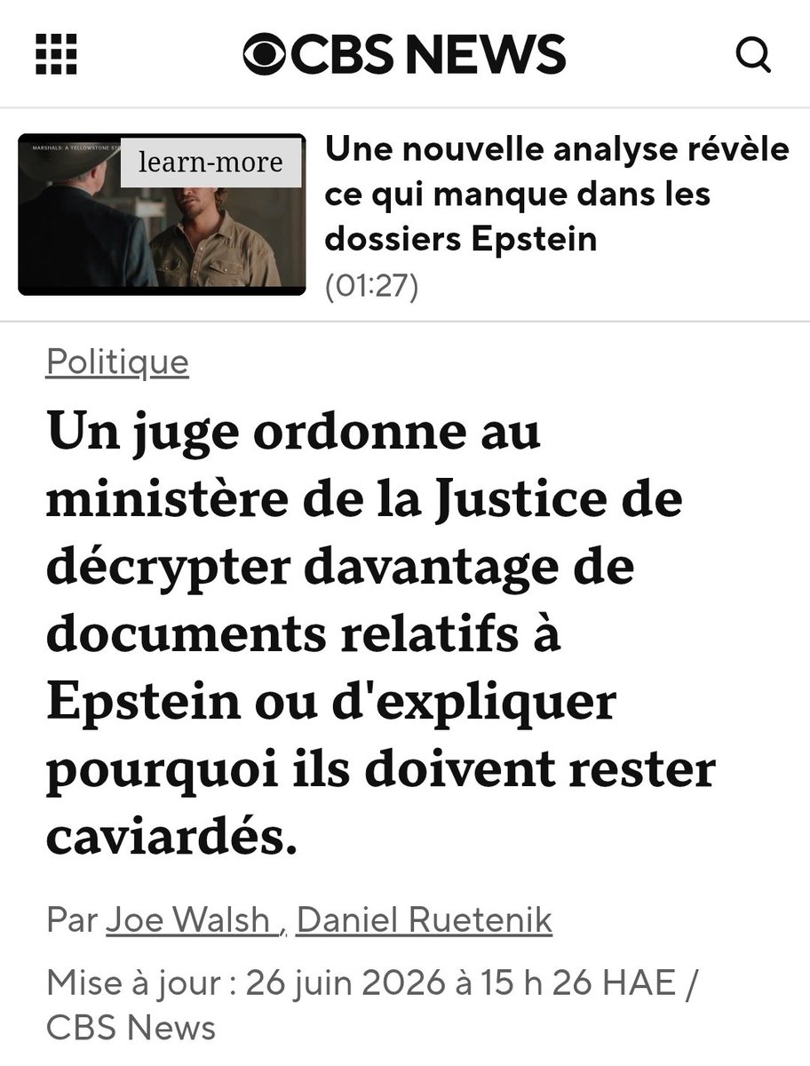 MagLiber3's tweet photo. #Epstein ⚠️⚠️⚠️⚠️
Cela va swinguer 🏌‍♂️😉🙏🌩🌩🌩

Jeudi, un juge a ordonné au ministère de la Justice de publier les versions non expurgées de plusieurs dossiers concernant le défunt délinquant sexuel Jeffrey #Epstein ou d'expliquer pourquoi il ne peut pas le faire, suite à une plainte accusant le procureur général par intérim Todd Blanche d'avoir expurgé des documents de manière inappropriée.

Le juge de district américain Emmet Sullivan a donné au gouvernement jusqu'au jeudi 2 juillet pour se conformer à la demande.⚠️⚠️⚠️⚠️

Les documents en question comprennent 8 courriels dont l'expéditeur ou le destinataire est masqué, un projet d'acte d'accusation contre Epstein où les noms de complices potentiels sont occultés, et un courriel de 2019 mentionnant plusieurs complices dont les noms ont été expurgés.

Le juge Sullivan a également ordonné au ministère de la Justice de publier les notes d'entretien ayant servi de base à plusieurs documents du FBI résumant des allégations non vérifiées contre le président Trump, ou d'expliquer pourquoi il ne pouvait pas les publier.

Le gouvernement a également reçu l'ordre de publier un registre listant toutes les modifications apportées aux documents publiés sur Epstein, conformément à la loi.

Cette décision de justice fait suite à des mois de polémique concernant la gestion des dossiers par le ministère de la Justice, dossiers qui ont été rendus publics en application d'une loi fédérale.

Des millions de documents ont été divulgués depuis décembre, notamment des photos, des courriels et des pièces d'enquête provenant des enquêtes fédérales sur le financier déchu et son décès en 2019 alors qu'il était en détention provisoire...

https://t.co/GjS98SU6Og